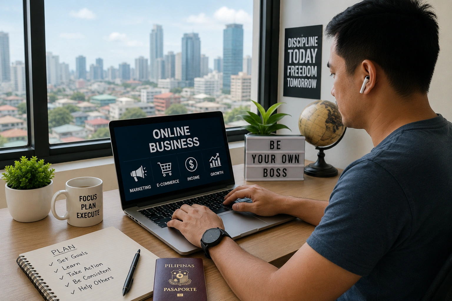 Filipino OFW working on an online business using a laptop