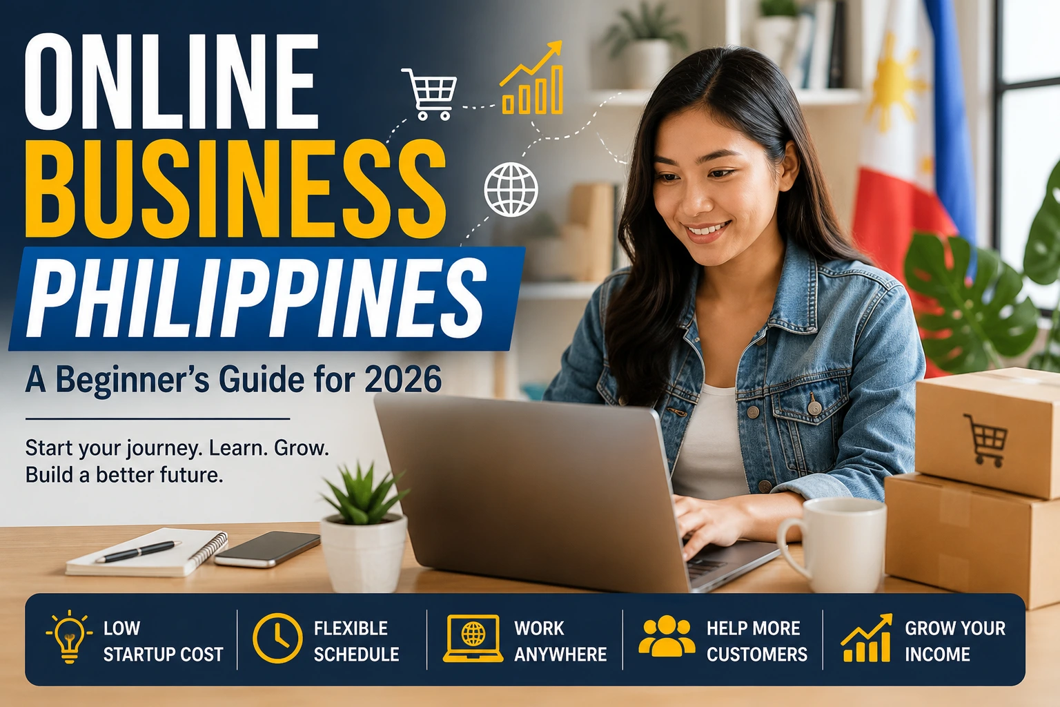 Filipino entrepreneur working on an online business in the Philippines using a laptop at home